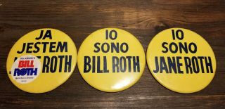 1970s Delaware Politics Campaign Election Senator Bill Roth Large Pinback Button