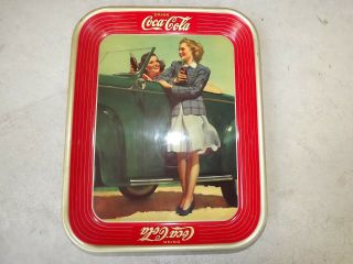 Vintage 1942 Coca Cola Soda Metal Serving Tray Two Girls Car Roadster