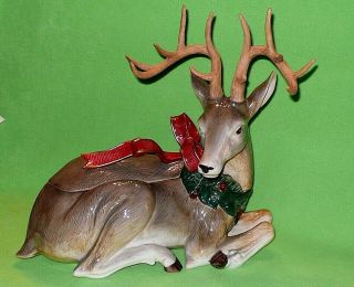 Fitz & Floyd Holiday Leaves Christmas Centerpiece Deer Reindeer Cookie Canister