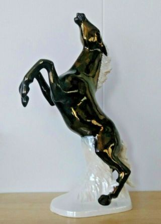 Hand Painted Ceramic Horse Figurine Rearing Stallion Black Gold Glaze 14 " Statue