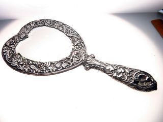 Victorian Repousse Sterling Silver Heart Hand Mirror Birmingham 1898