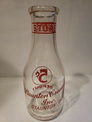 Staunton Creamery Inc.  - One Quart Milk Bottle - Staunton,  Va - 5 Cent Deposit
