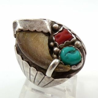 Heavy Vtg Native American Sterling Silver Coral & Turquoise Ring Size 10 Lff7