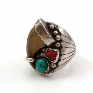 Heavy VTG Native American Sterling Silver Coral & Turquoise Ring Size 10 LFF7 2