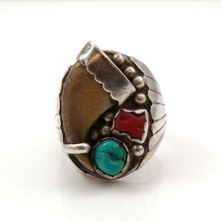 Heavy VTG Native American Sterling Silver Coral & Turquoise Ring Size 10 LFF7 3