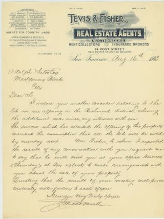 Letter To Adolph Sutro 1893 From Tevis & Fisher Real Estate Agents