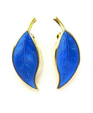 David Andersen Silver And Enamel Blue Leaf Earrings Willy Winnaess Norway C1950