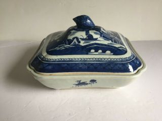 Antique Blue Canton Chinese Export Porcelain Covered Vegetable Bowl W Lid 19thc