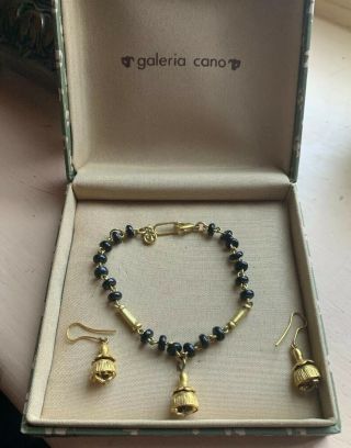 Galeria Cano Pre Colombian 24k Gold Plated Obsidian Onyx Bracelet & Earrings