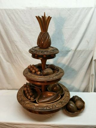 Vintage Tiki Hand Carved Monkey Pod Wood 3 Tier Lazy Susan W/ Fruits 26in X 15in