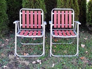 Vtg Retro Mid Century Matching Set Of Aluminum Redwood Folding Lawn Patio Chairs