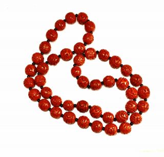 Old Chinese Carved Cinnabar Beads Necklace