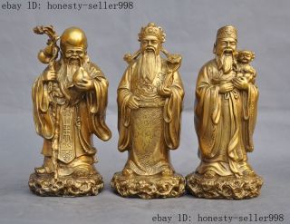 8 " Chinese Pure Brass 3 Longevity God Fu Lu Shou Mammon Immortal God Statue Set