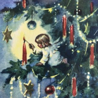 Vintage Early Mid Century Christmas Greeting Card Blue Angel Lights Tree Candle
