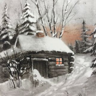 Vintage Early Mid Century Christmas Greeting Card Snowy Log Cabin Pink Sky Trees