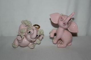 Vintage Set 2 Ceramic Pink Elephants Spaghetti Rhinestone Eyes Japan Angel