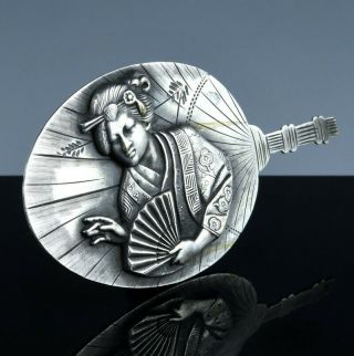 Finely Detailed Victorian Japanese Aesthetic Sterling Silver Guisha Fan Brooch