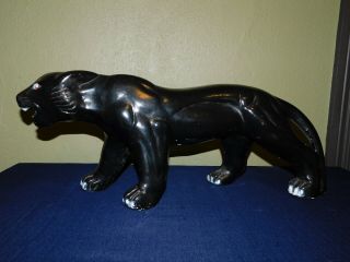 Vintage Large Black Panther Ceramic Crouching Statue Figurine - Mexico