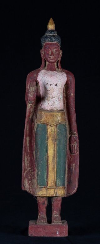 Antique Khmer Style Wood Standing Protection Monday Buddha Statue - 64cm/26 "
