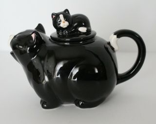 Teapot By Takahashi Black And White Porcelain Cat With Kitten On Back Vintage