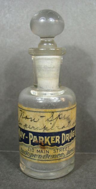 Antique May - Parker Drug Co.  Bottle,  Independence Iowa,  210 Main Street
