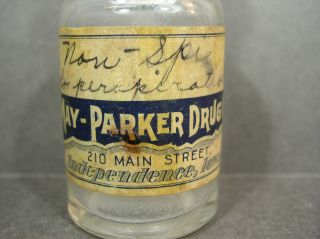 ANTIQUE MAY - PARKER DRUG CO.  BOTTLE,  INDEPENDENCE IOWA,  210 MAIN STREET 2