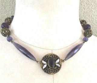 Vtg Art Deco Czech Glass Amethyst Purple Crystal Bead W/ Enamel Necklace Boho