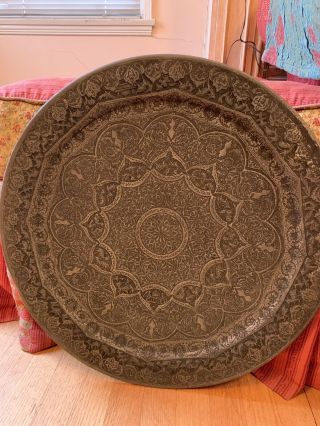 Antique Copper Silver Tonepersian Isfahan Middle East Islamic Tray Hand Engraved