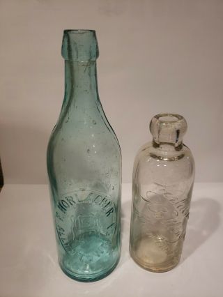 F.  Horlacher - Blue Aqua Blob Top And Clear Hutchison Bottle - Allentown,  Pa