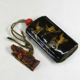 E193: Japanese Old Lacquered Pillbox Inro With Makie And Wonderful Tasty Netsuke