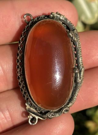 Huge Antique Old Chinese Filigree Silver Carnelian & Dragon 3d Clasp - 14.  9g