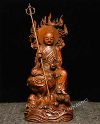 7 " Collect China Art Boxwood Wood Handcarved Ksitigarbha Boddhisattva Statue