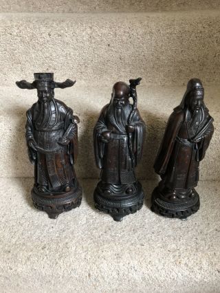 Antiques - Set Of 3 Oriental Hand Carved Wooden Figures In Dark Hard Wood