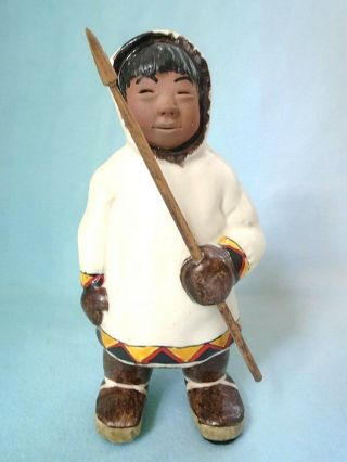 1962 C.  Alan Johnson Signed Eskimo Seal Hunter Wooden Spear Kuyuk Inuit Figurine