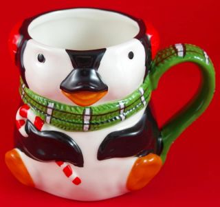 Xl 20 Oz.  Pier 1 One Imports Christmas Penguin W Scarf Handle Ceramic Coffee Mug