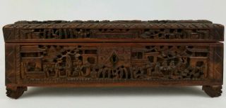 Antique Chinese Canton Carved Wood Scholar Jewelry Keepsake Box 2