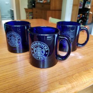 Starbucks Cobalt Blue Glass Coffee Mugs (set Of 3) Etched Glass Mermaid Logo