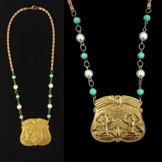 Vintage Patina 1920s Art Deco Egyptian Revival Goddess Necklace