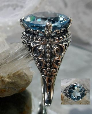 5.  52ct Natural Blue Topaz Solid Sterling Silver Gothic Lace Filigree Ring Size 7
