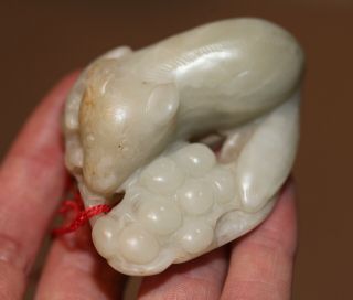 Antique Chinese Carved Jade Squirrel & Fruit Toggle,  18th Century,  Qing Dynasty.