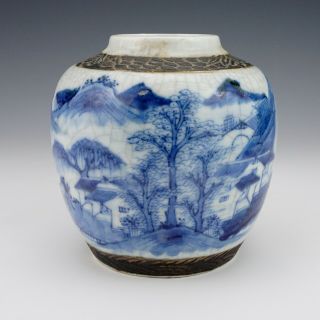 Antique Chinese Porcelain Blue & White Oriental Scene - Crackle Glaze Ginger Jar