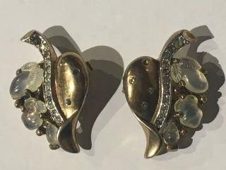 1940s Crown Trifari Alfred Philippe Moonstone Glass Fruit Salad Clip On Earrings