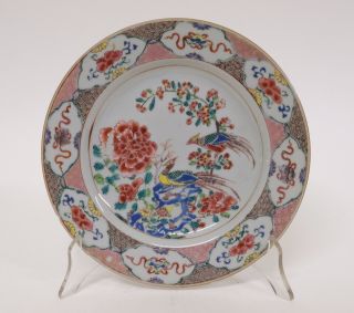 Antique 18thc Chinese Export Porcelain Polychrome Dish Plate - Garden & Birds