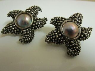 Vintage Stephen Dweck Sterling& Moby Pearl Star Fish Clip Earrings.  2 " X 1 1/2 "
