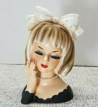 Vintage Inarco E - 1904 Blond Lady Head Vase Eyelashes Pearls Bow In Hair Blk Dres