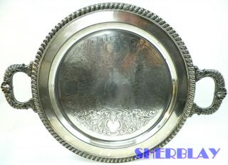 Antique Silver On Copper Serving Buttlers Tray Round Handles 13 " Diameter