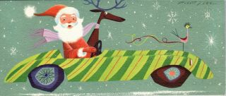 Mcm Convertible Car Santa Claus Reindeer Deer Bird Vtg Christmas Greeting Card