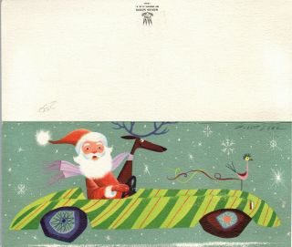 MCM Convertible Car Santa Claus Reindeer Deer Bird VTG Christmas Greeting Card 3