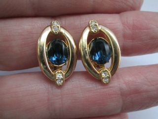 Vintage Christian Dior Germany Gold Sapphire & Clear Glass Clip On Earrings