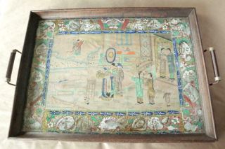 Antique Chinese Painted Foil Court Scene Under Glass Wood Tray W/handles 21x15 "